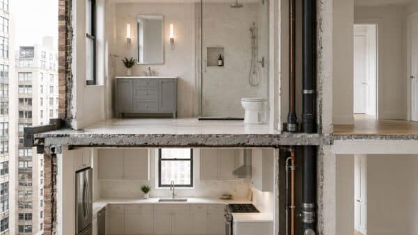 Vertically aligned wet areas in a Manhattan apartment building illustrating renovation layout restrictions.