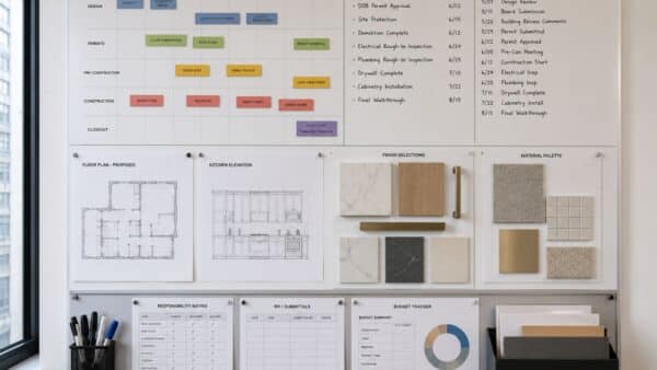 Professional project coordination wall organizing renovation phases, schedules, and material selections.