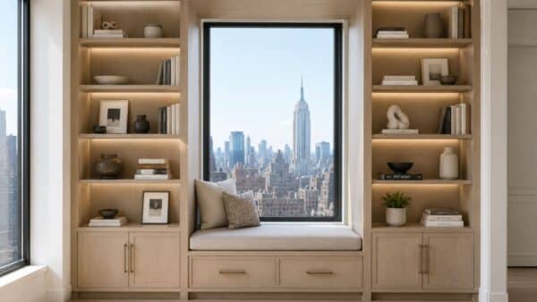 Custom-built library alcove in a completed Manhattan apartment with integrated millwork and skyline views.