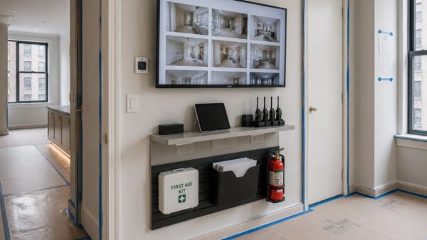 Organized renovation site communication station used for project updates and coordination.