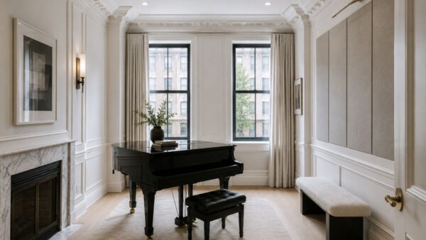 Completed pre-war Manhattan apartment music room with restored moldings and custom architectural details.