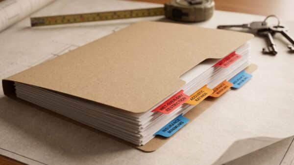An open legal folder labeled "Co-op Alteration Agreement" with colored tabs emphasizing restrictive rules, illustrating contractual compliance for NYC renovations.