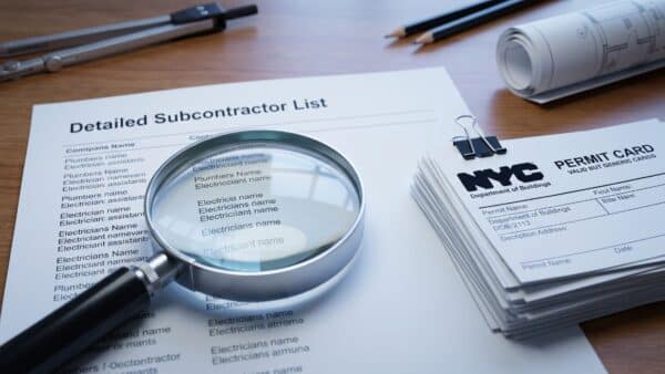 A magnifying glass investigating a typed list of subcontractors and valid, generic NYC DOB permit cards, illustrating the strict licensing verification process.