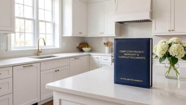 A completed, modern NYC co-op kitchen featuring a physical, bound portfolio representing the final warranty, signifying successful renovation completion.