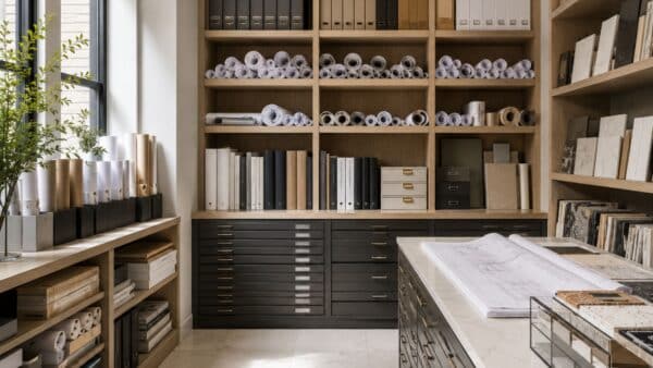Organized architectural archive with construction drawings, material samples, and renovation documentation.