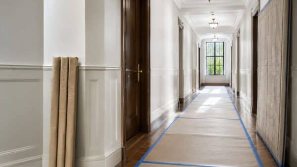 Luxury Manhattan apartment hallway prepared for renovation with professional building protection materials.