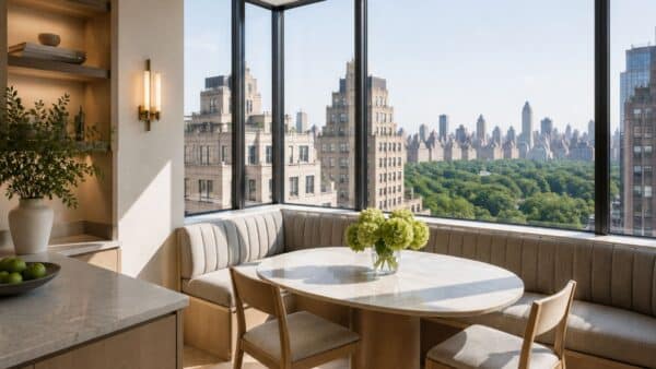 Luxury Manhattan breakfast nook with custom millwork, floor-to-ceiling windows, and panoramic city views.