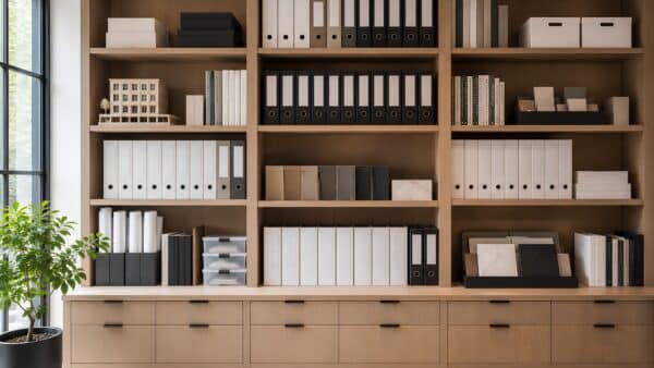 Organized architectural project archive with renovation documents and blueprint storage prepared for board approval.