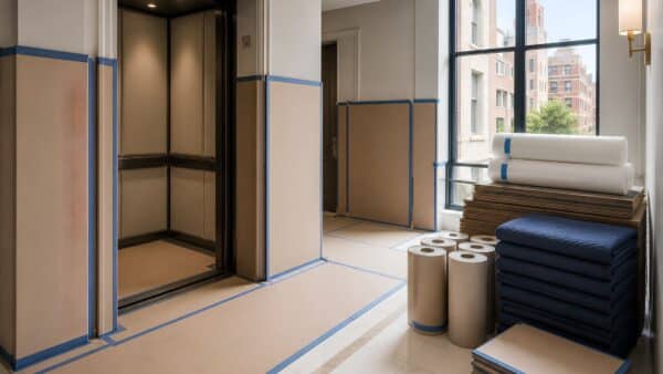 Premium building protection materials prepared for a Manhattan co-op renovation before construction begins.