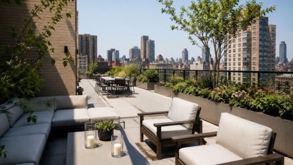 Luxury Manhattan residential rooftop terrace overlooking the city skyline on a bright day.