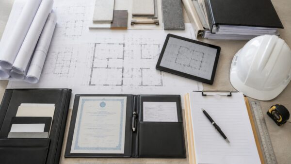 Organized renovation approval package with architectural plans, construction documents, and project materials.