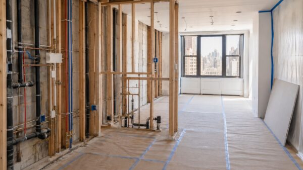 NYC apartment renovation showing exposed plumbing, electrical systems, and protected work areas before walls are closed.