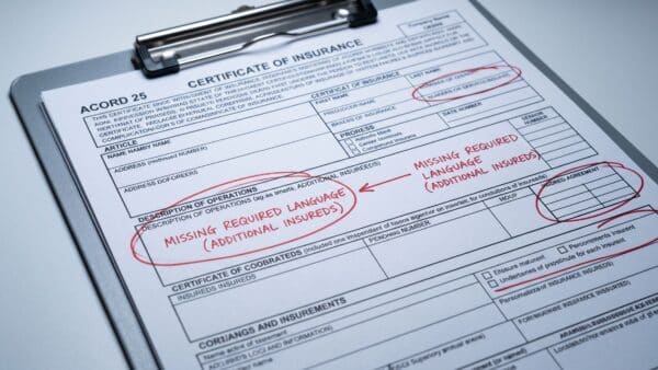 Detailed generic insurance form (ACORD 25) heavily heavily marked with red pen pointing to missing additionally insured language on a metal clipboard.