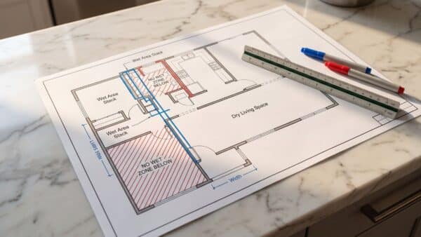 A high-resolution architectural floor plan visualizing precise co-op spatial constraints, specifically highlighting Wet Stack boundaries against neighbor dry living space on a pristine marble counter