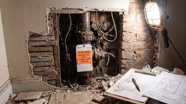 A gritty, close-up photograph captured on an active, dusty NYC pre-war construction site. A section of 90-year-old plaster wall has been removed, revealing hidden corroded iron pipes, ancient cloth wiring, and raw brick. Illuminated by a harsh work light, a "STOP WORK" tag (labeled "SURPRISE ISSUE - CHANGE ORDER PENDING" on MyHome letterhead) is clipped to the damaged pipe, symbolizing the documented protocol.