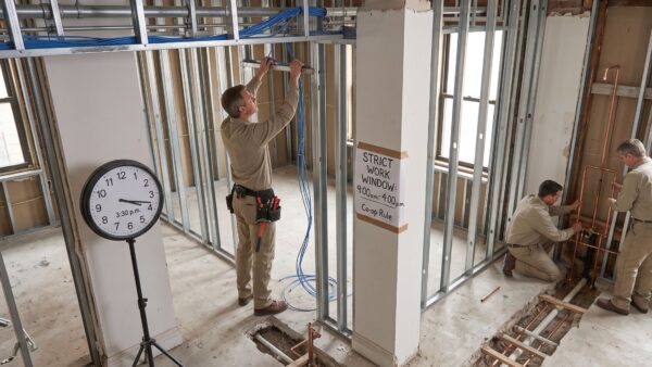 A wide, coordinated shot inside a full gut renovation. Simultaneous activity sees an electrician running data cables through metal studs while plumbers sweat copper pipes. A prominent wall sign taped to a pillar enforces the "Strict Work Window: 9:00 a.m. &ndash; 4:00 p.m. Co-op Rule