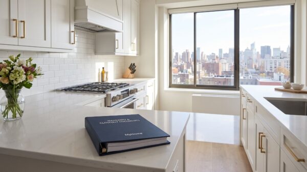 A bright, immaculate luxury NYC kitchen (quartz, white shaker cabinets, elegant brass hardware). Sunlight streams through a window with a Brooklyn view. A single, generic navy blue binder labeled "WARRANTY & CLOSEOUT DOCUMENTS" rests on the pristine counter, symbolizing the "full-service" model and peace of mind.