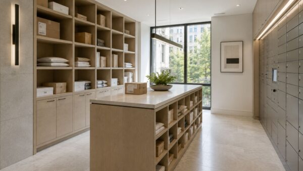 Luxury residential package room with custom cabinetry and organized storage in a Manhattan building.