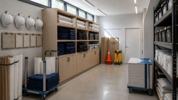 Organized building operations room with renovation logistics equipment prepared for a luxury residential project.