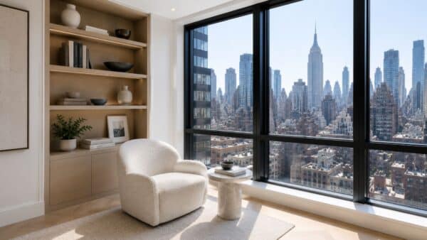 Luxury Manhattan reading corner with custom millwork, floor-to-ceiling windows, and panoramic skyline views.