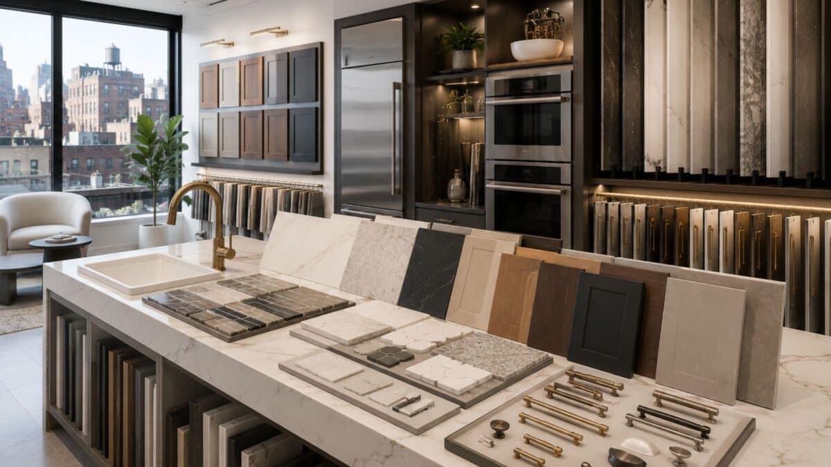 Luxury kitchen showroom featuring custom cabinetry, quartz countertops, premium finishes, and integrated appliances, representing material selections for an NYC kitchen renovation.