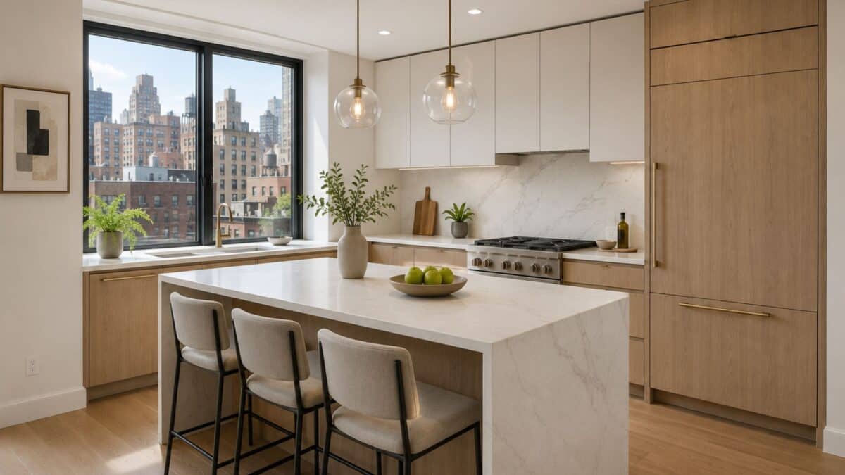 Bright modern Manhattan kitchen with custom cabinetry, quartz countertops, integrated appliances, and abundant natural daylight, representing a mid-range NYC kitchen remodel.