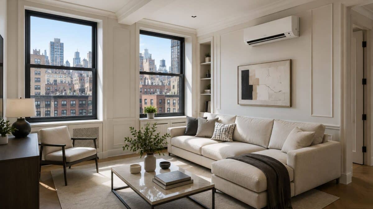 Luxury Manhattan apartment with a discreet wall-mounted ductless mini-split system, illustrating modern zoned heating and cooling in an NYC home.