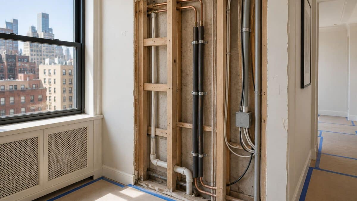 NYC apartment under renovation with exposed refrigerant lines, electrical conduits, and wall framing for a ductless mini-split installation.