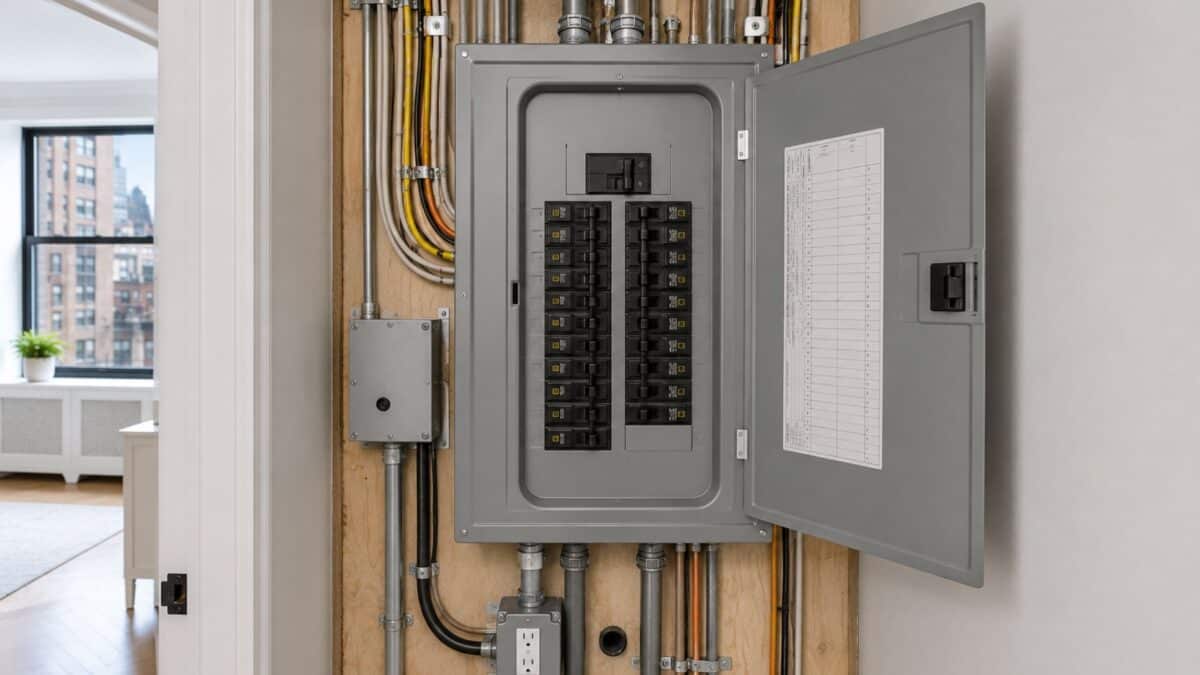 Modern electrical panel prepared for a ductless mini-split installation, illustrating the electrical planning and load calculations required for NYC apartment renovations.