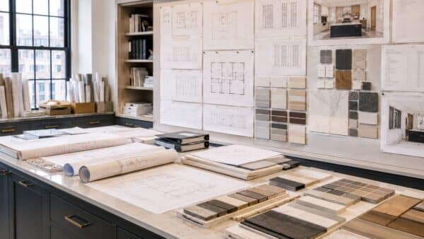 Professional renovation planning room with architectural drawings, project coordination materials, and submission preparation.