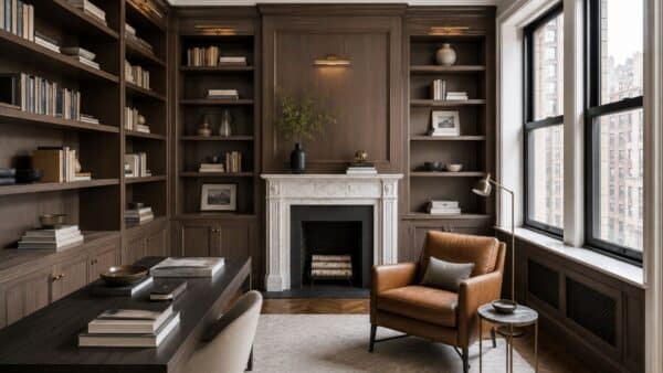 Completed luxury Manhattan home office with custom millwork and restored pre-war architectural details.