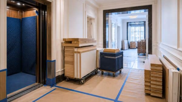 Protected apartment building common areas prepared for a professionally managed co-op renovation.