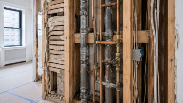Exposed plumbing, electrical wiring, and framing inside a pre-war Manhattan apartment during renovation.