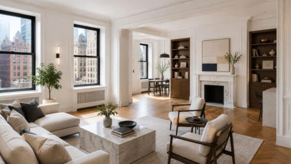 Completed luxury pre-war Manhattan co-op living room with restored architectural details and custom millwork.