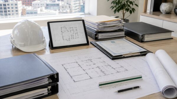 Organized renovation planning workspace with architectural drawings, permit documents, and construction coordination materials.