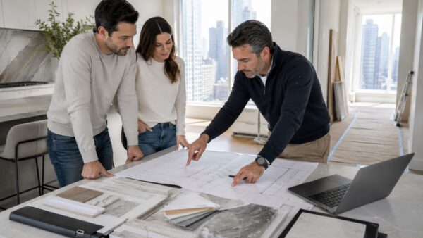 Experienced contractor coordinating an apartment renovation with homeowners and project documents in a Manhattan residence.