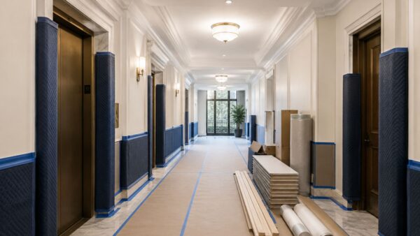 Protected apartment building hallway prepared for an approved Manhattan co-op renovation.