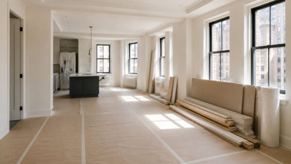Luxury Manhattan apartment prepared for renovation immediately after receiving co-op board approval.