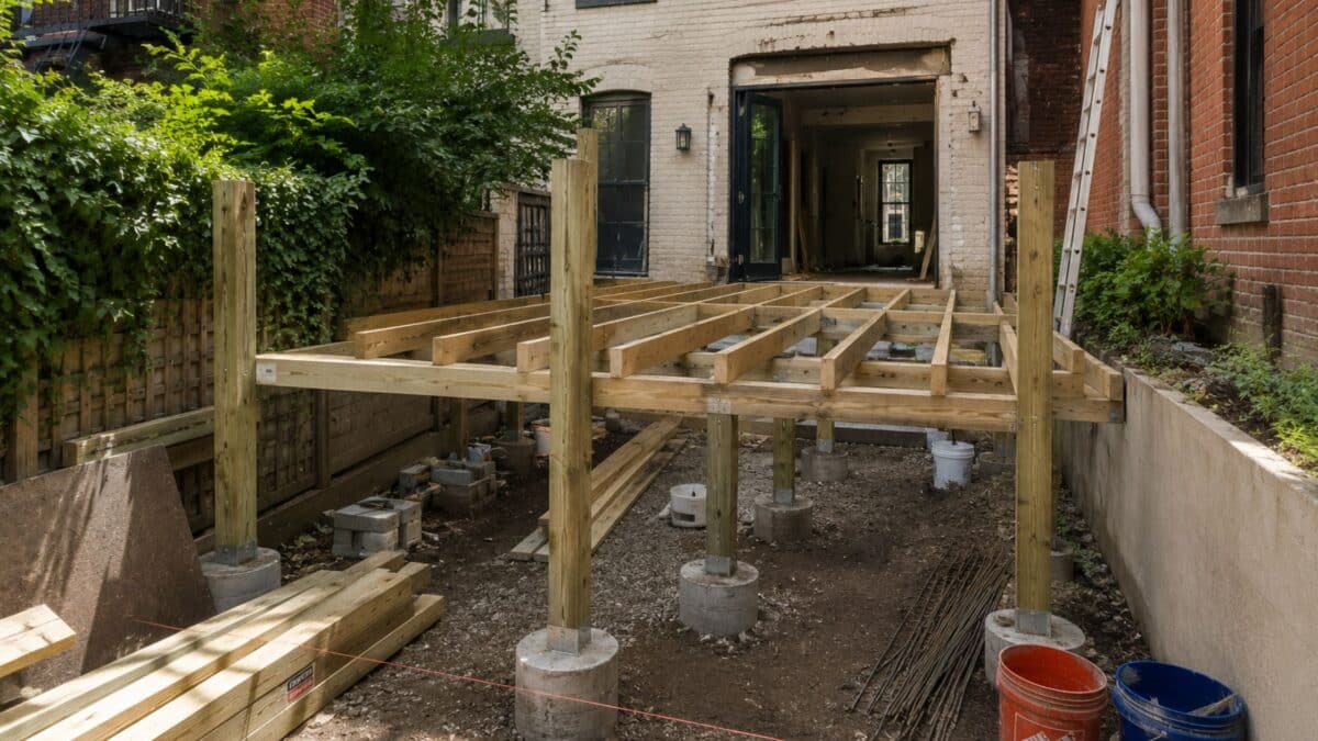 NYC townhouse backyard with an elevated deck under construction, showing structural framing, concrete footings, and professional site preparation.