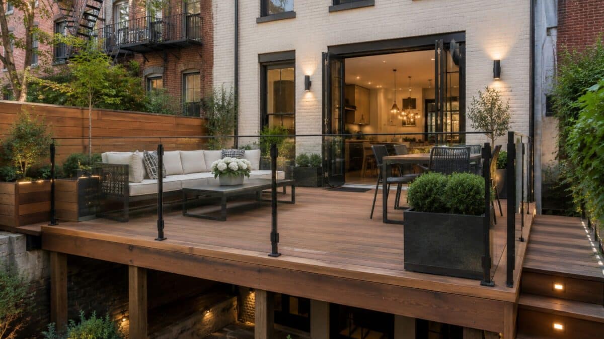 Finished elevated deck behind a Manhattan townhouse featuring premium hardwood decking, glass railings, custom seating, and landscaped outdoor living space.