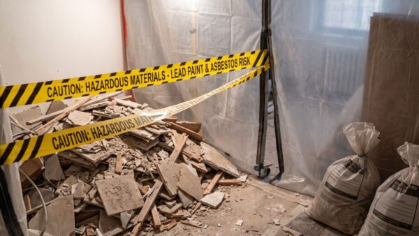 Close-up on dusty demolition debris from an active NYC pre-war site, contained behind yellow and black hazardous materials generic caution tape generic generic
