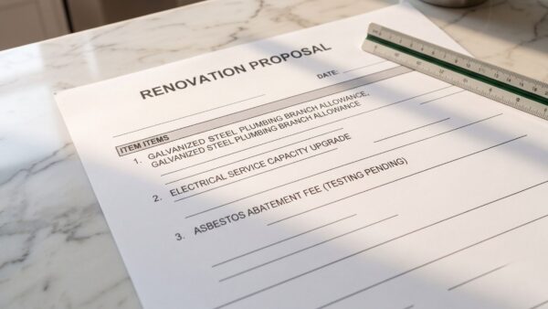 A flat-lay photograph of an itemized renovation proposal document showing specific generic allowances for pre-war unknowns like galvanized steel pipes, resting on a marble counter.