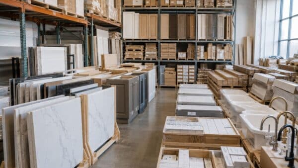Organized premium renovation materials including cabinetry, stone, flooring, and plumbing fixtures ready for installation.