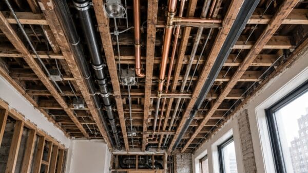 Exposed plumbing, electrical systems, and structural framing inside a pre-war Manhattan apartment ceiling during renovation.