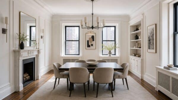 Completed luxury pre-war Manhattan dining room with restored architectural details and custom millwork.