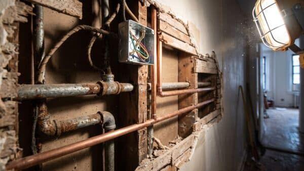An interior view of an exposed pre-war apartment wall during renovation, showing a mix of old galvanized plumbing and outdated electrical wiring next to newly installed modern systems.