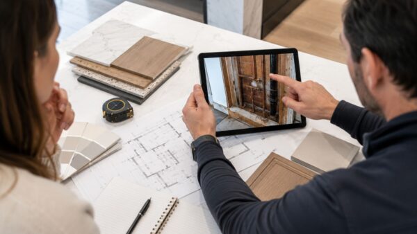 Contractor reviewing renovation findings with homeowners using a tablet and updated project plans.