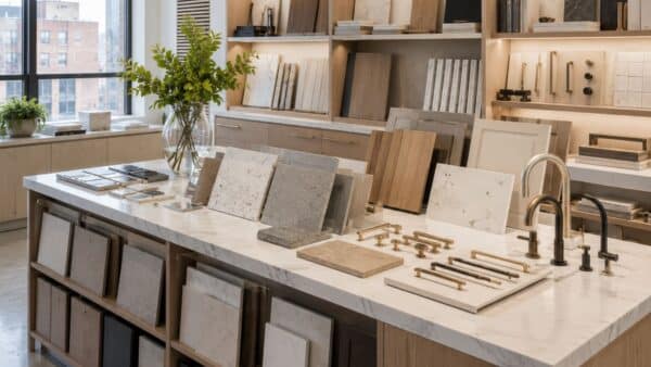 Curated interior material library with cabinetry, stone, and finish selections for a luxury renovation project.