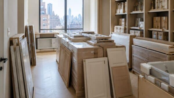 Organized staging area with premium cabinetry, appliances, and finish materials prepared for installation in a Manhattan renovation.