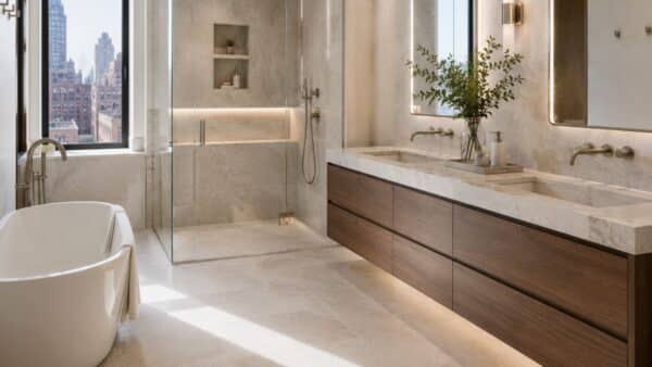 Luxury Manhattan bathroom featuring natural stone, custom walnut vanity, and contemporary architectural finishes.
